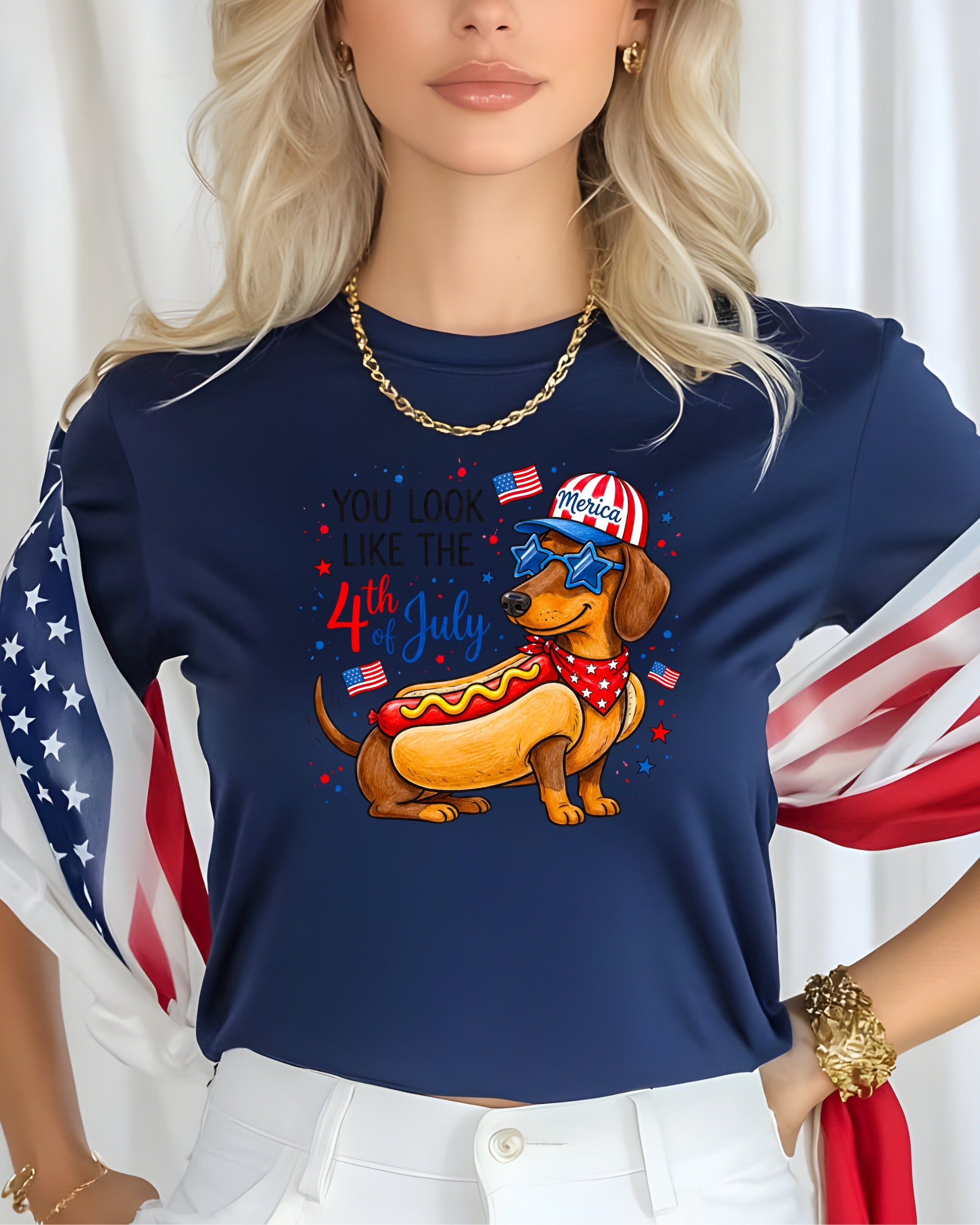Dachshund in hot dog costume with "You look like the 4th of July" text.