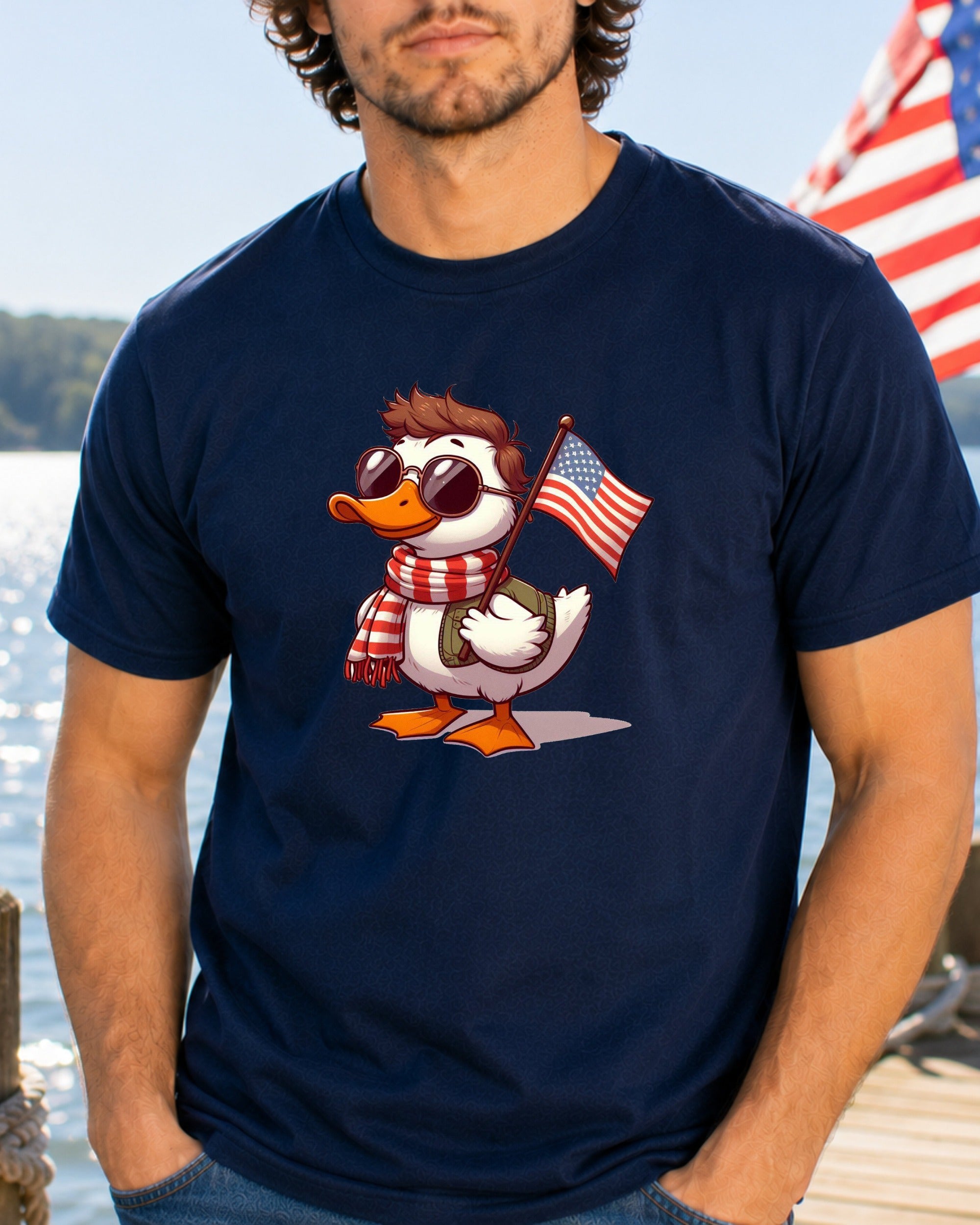 Cartoon duck wearing sunglasses and scarf holds American flag.