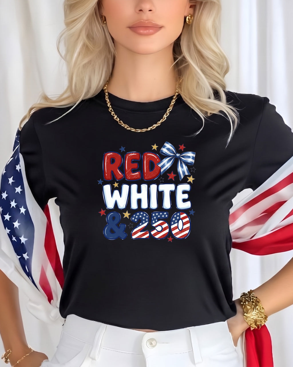 Black t-shirt with "RED WHITE & 250" and patriotic stars and bows.