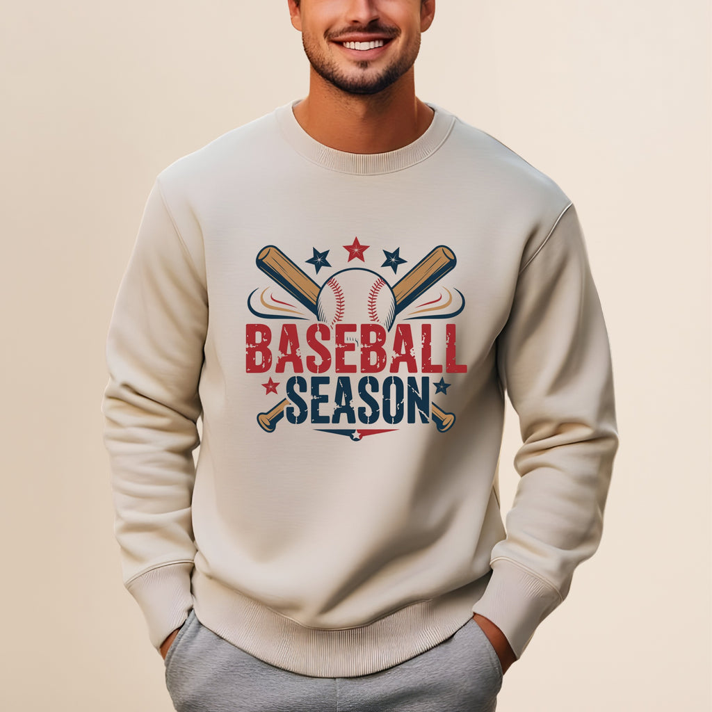 Cream sweatshirt with "Baseball Season" graphic and crossed bats.