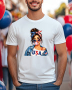 Woman with American flag bandana and sunglasses, wearing "USA" shirt.