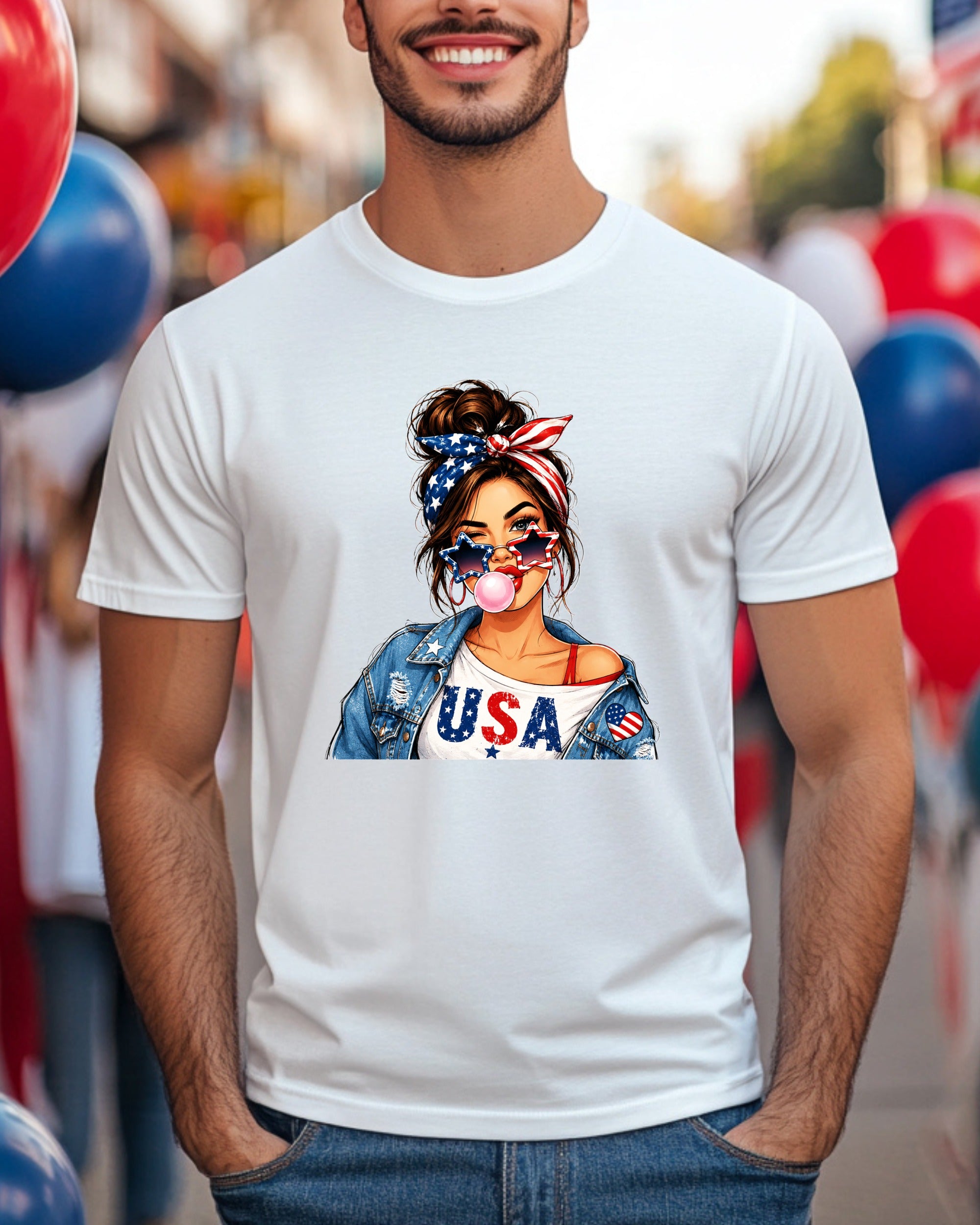 Woman with American flag bandana and sunglasses, wearing "USA" shirt.