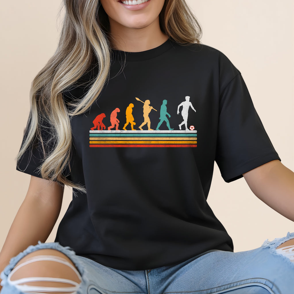 Retro evolution of man silhouette playing soccer, vintage style shirt design.