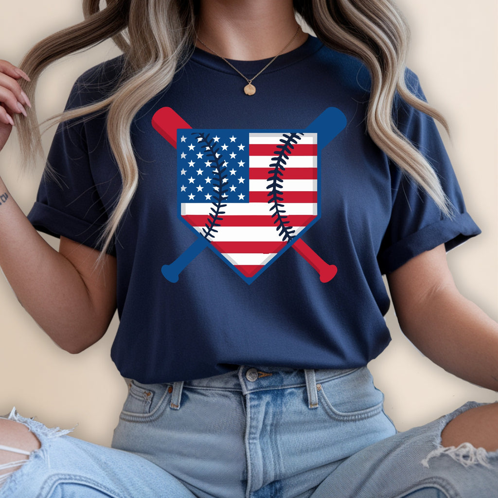 Baseball graphic with American flag on a dark blue t-shirt.