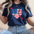Baseball graphic with American flag on a dark blue t-shirt.