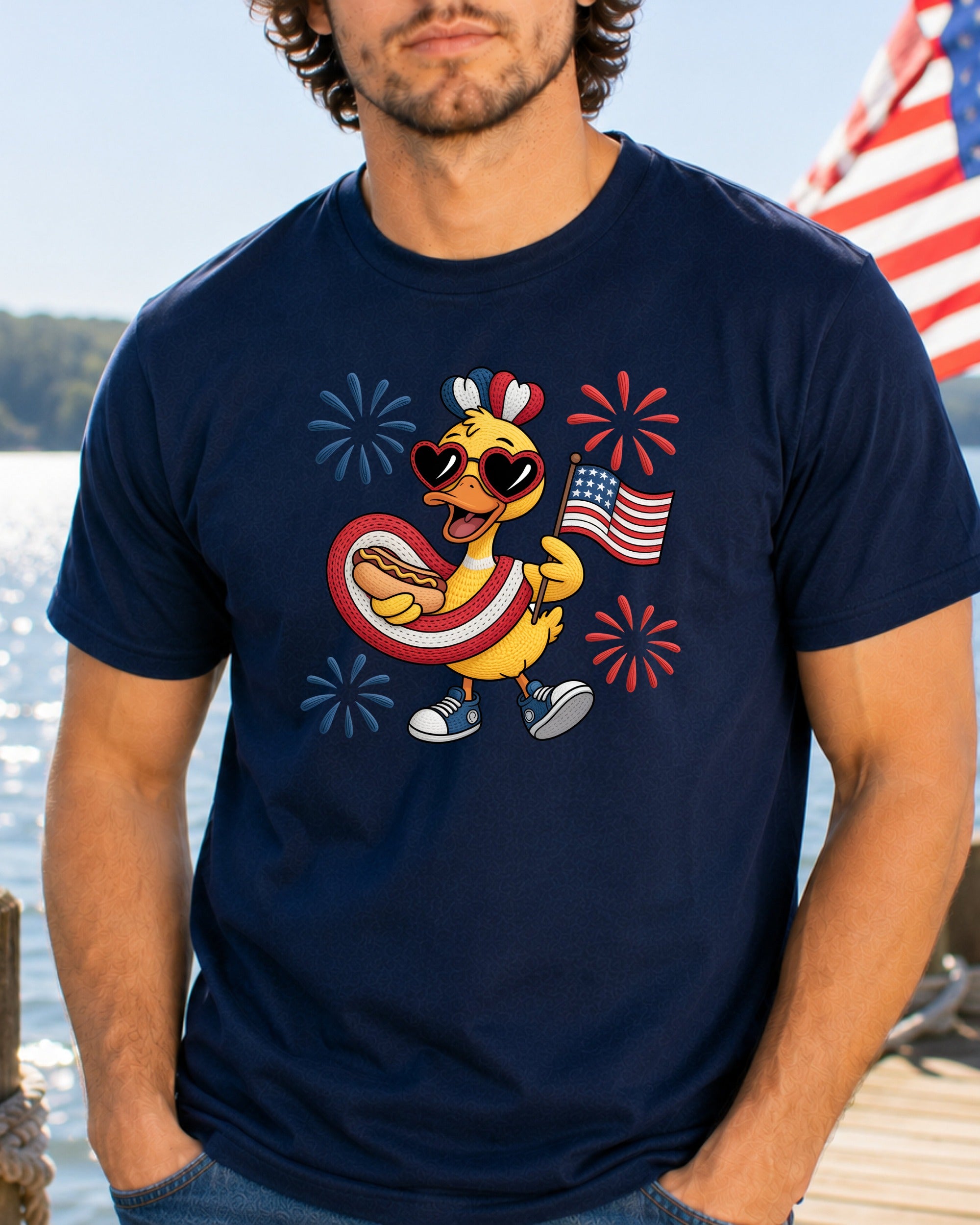Cartoon duck in sunglasses and hot dog costume holding an American flag.