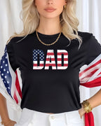 Black t-shirt with "DAD" text in US flag design.