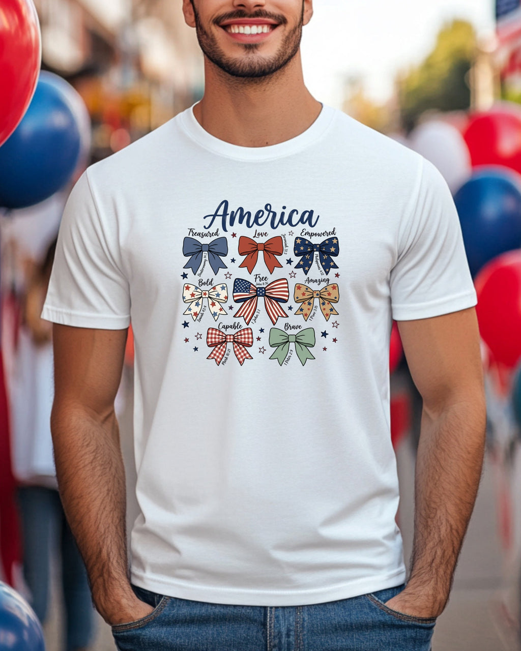 White t-shirt with "America" and various bows with empowering words.
