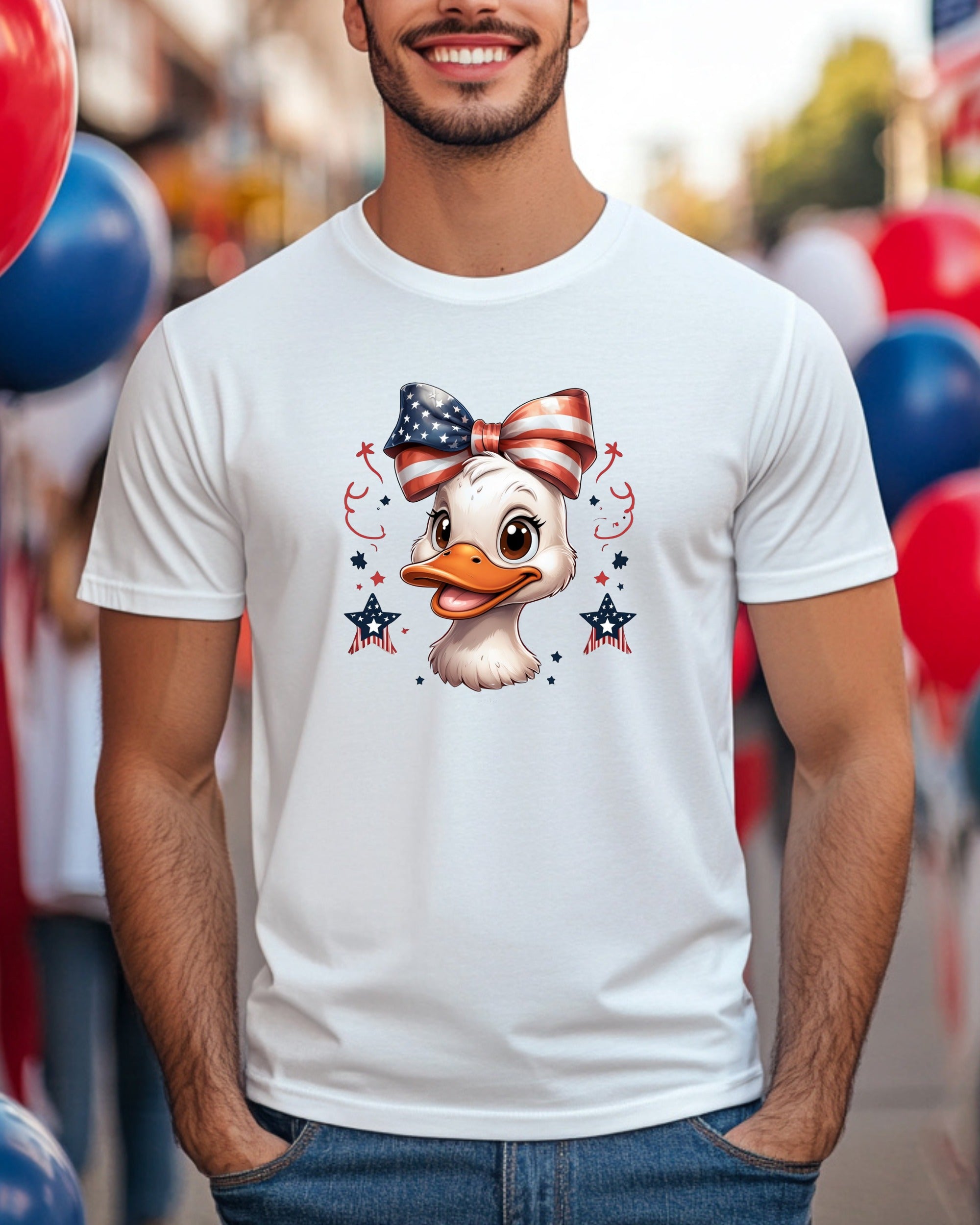 Duck wearing a patriotic bow, with stars and stripes.