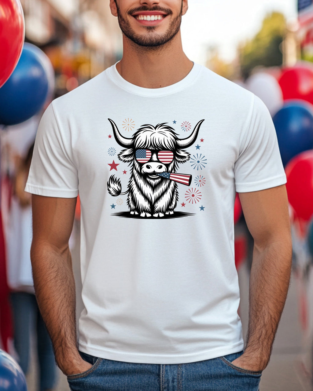 Highland cow wearing sunglasses and holding American flags.