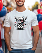 Highland cow wearing sunglasses and holding American flags.