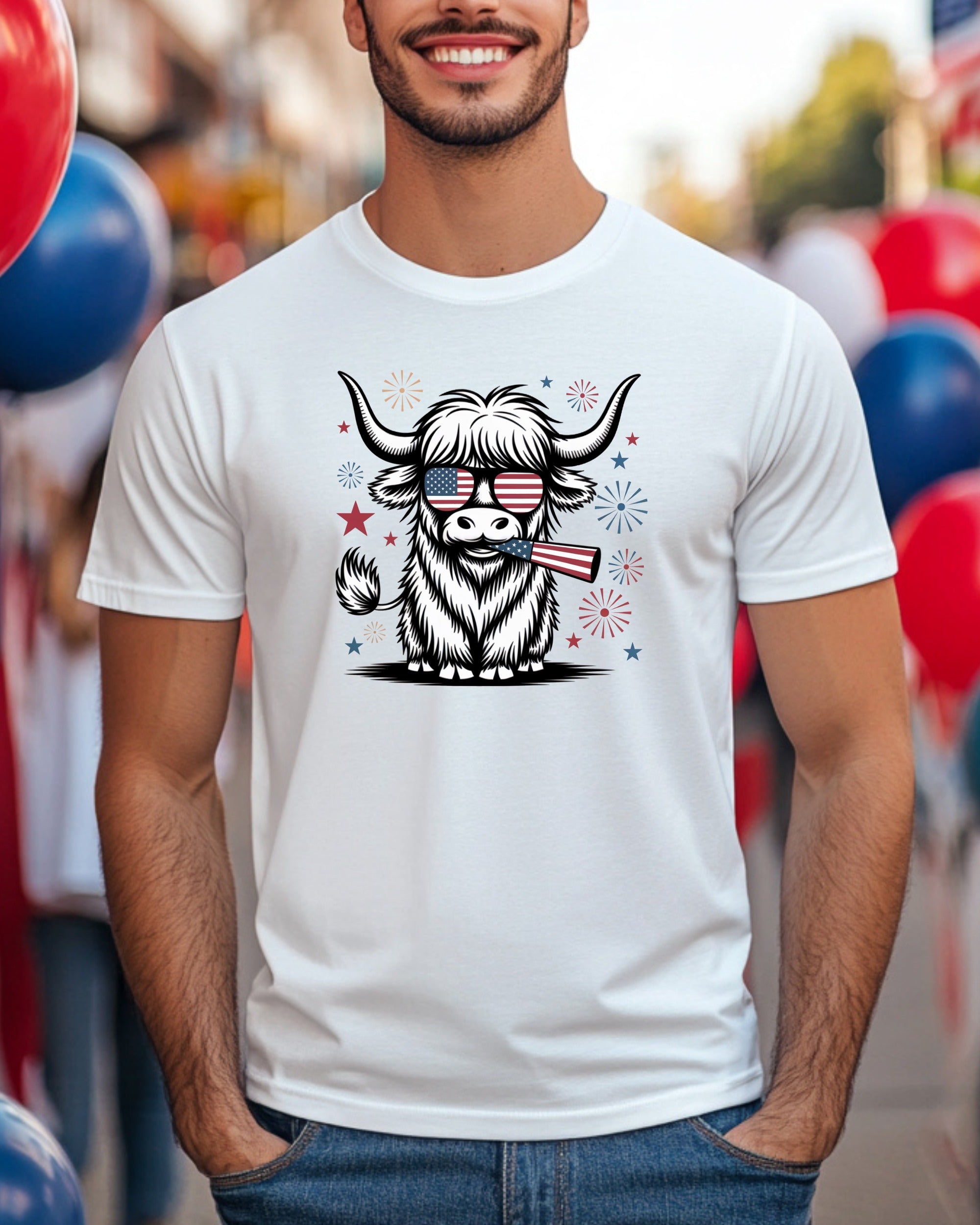 Highland cow wearing sunglasses and holding American flags.