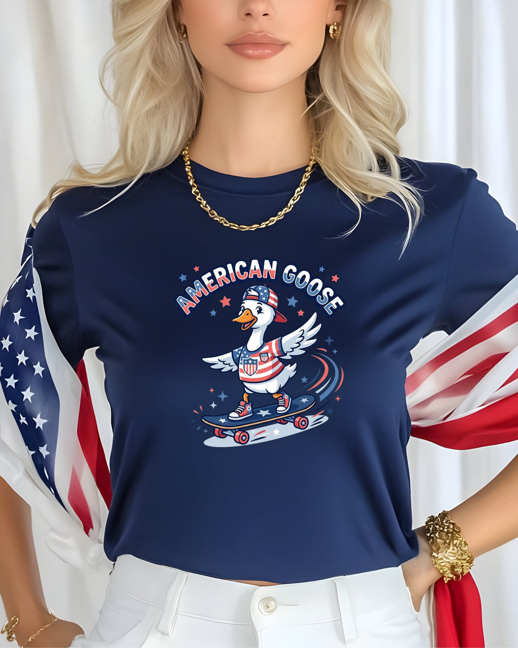Goose skateboarding in American flag-themed shirt.
