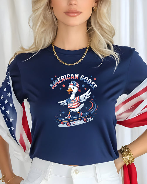 Goose skateboarding in American flag-themed shirt.