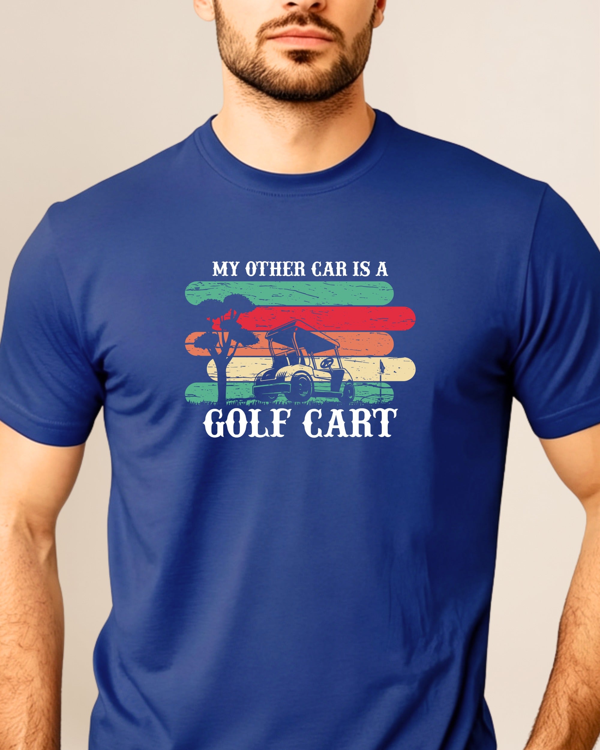 Blue t-shirt with "My Other Car Is A Golf Cart" text and golf cart graphic.