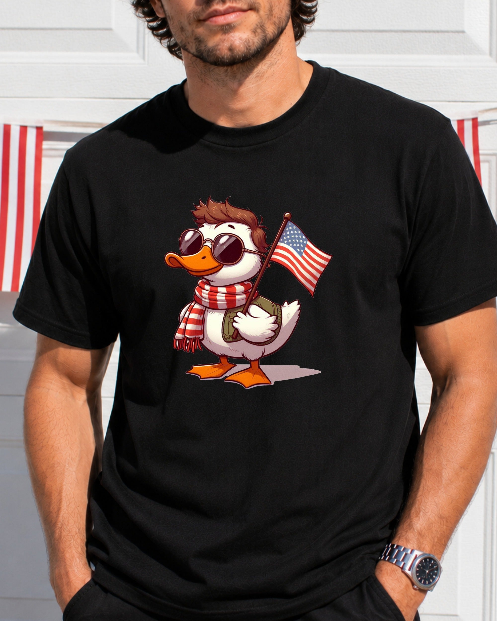 Cartoon duck wearing sunglasses and scarf, holding American flag.