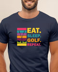 Navy t-shirt with colorful stripes and text "EAT. SLEEP. GOLF. REPEAT."