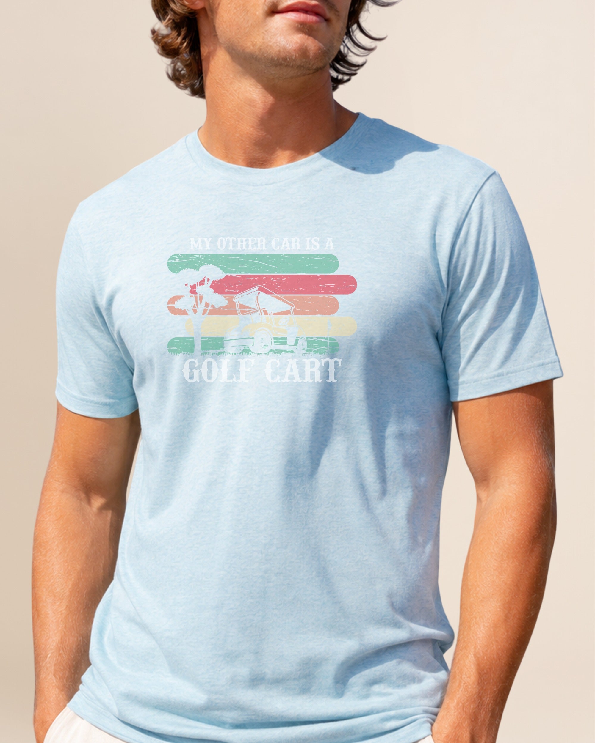 Light blue t-shirt with "My Other Car Is A Golf Cart" text and graphic.