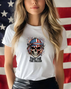 White t-shirt with skull graphic wearing American flag bandana and "Fight for the Fallen" text.