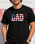 Black t-shirt with "DAD" in distressed American flag design.
