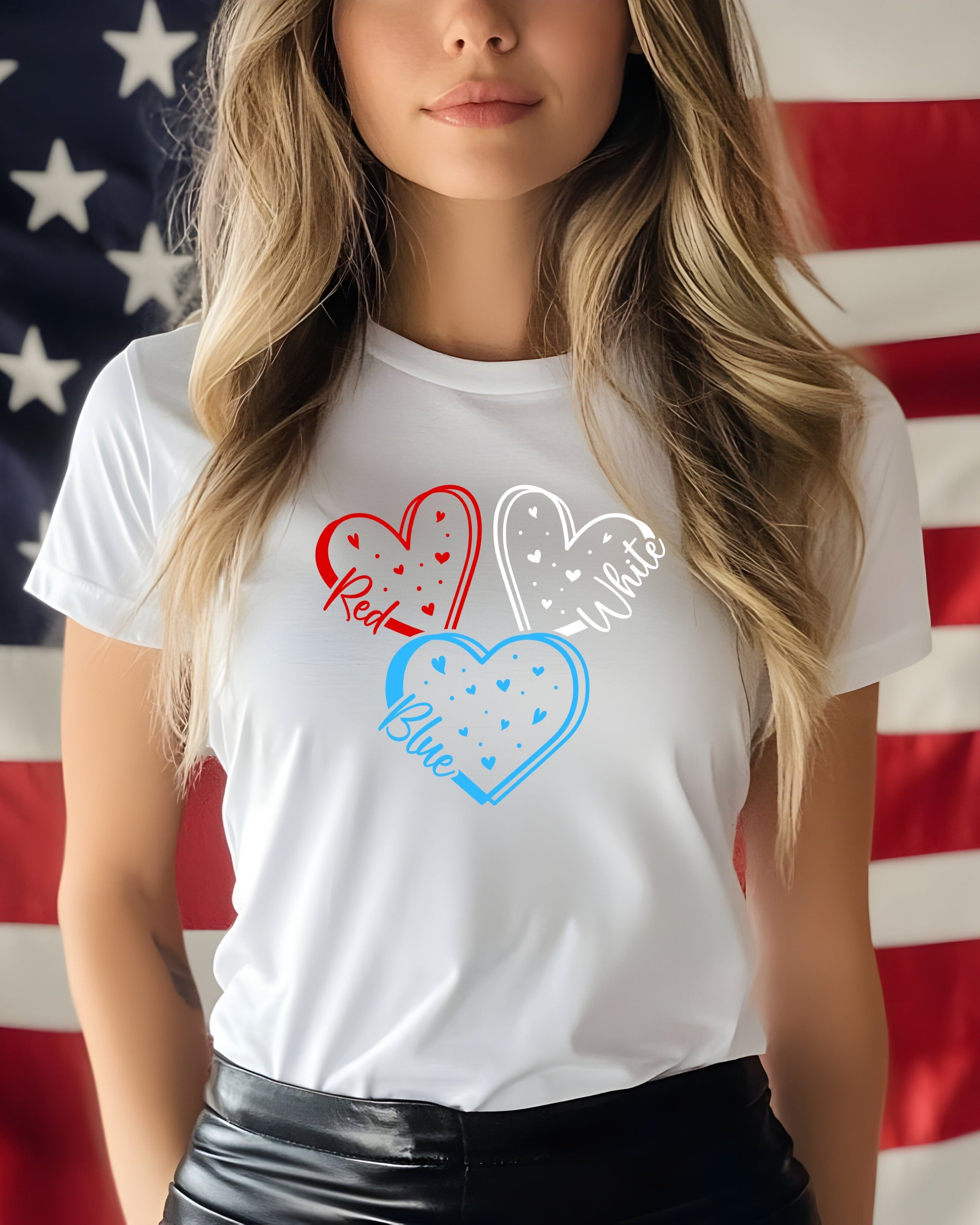 White t-shirt with three hearts labeled "Red," "White," and "Blue."