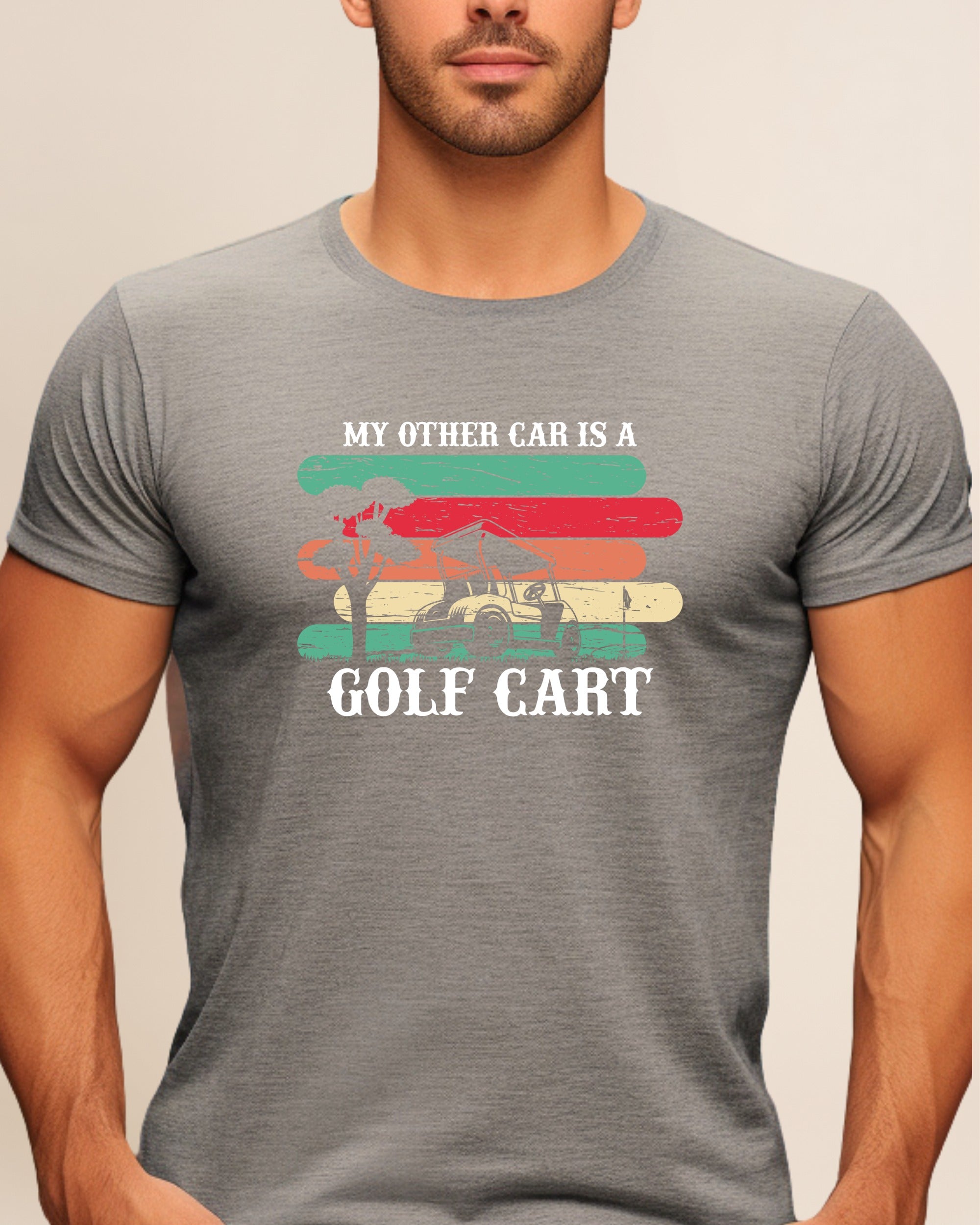 Gray t-shirt with "My other car is a golf cart" text and golf scene.