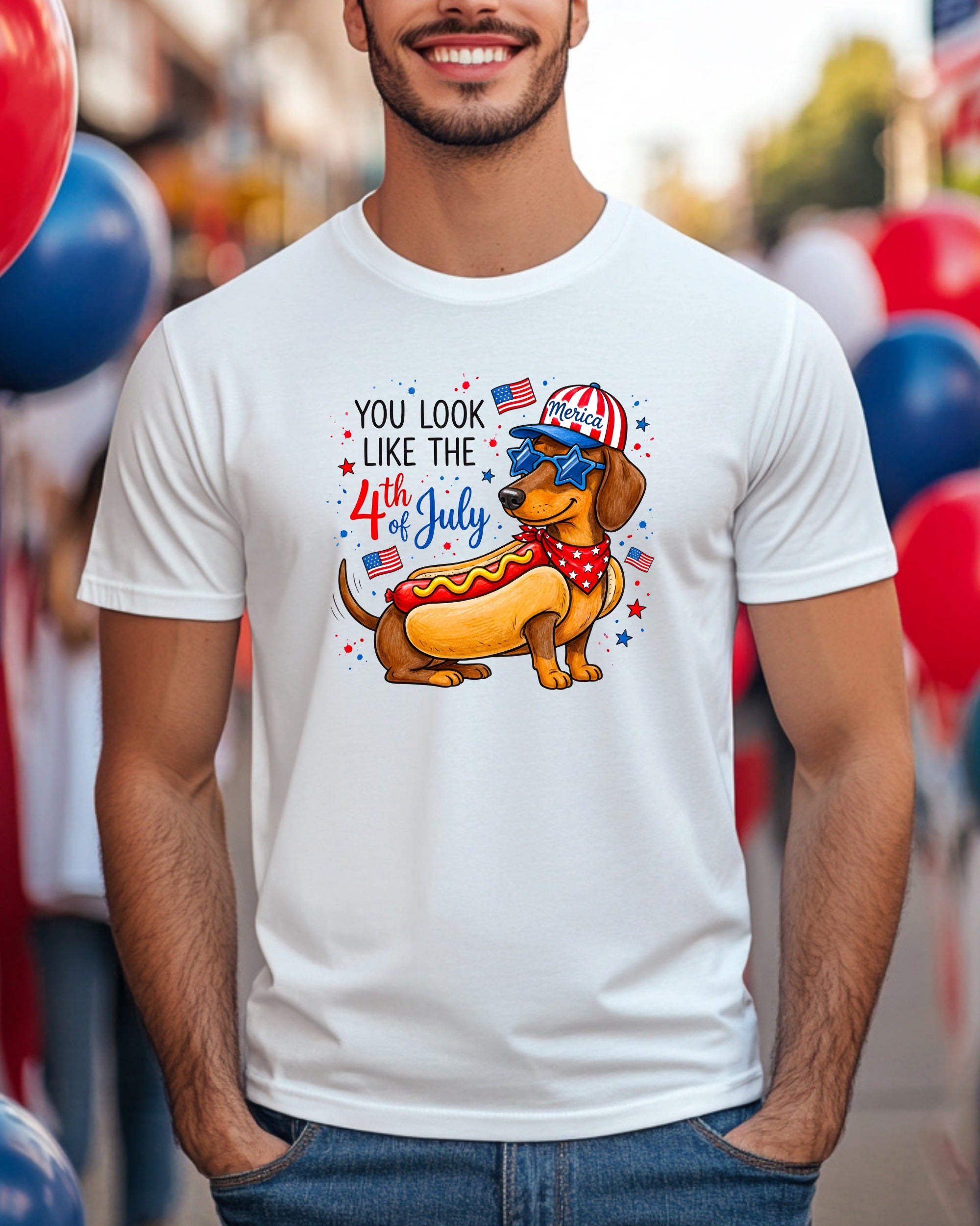 Dachshund in patriotic hat and bandana, "YOU LOOK LIKE THE 4th OF JULY" text.