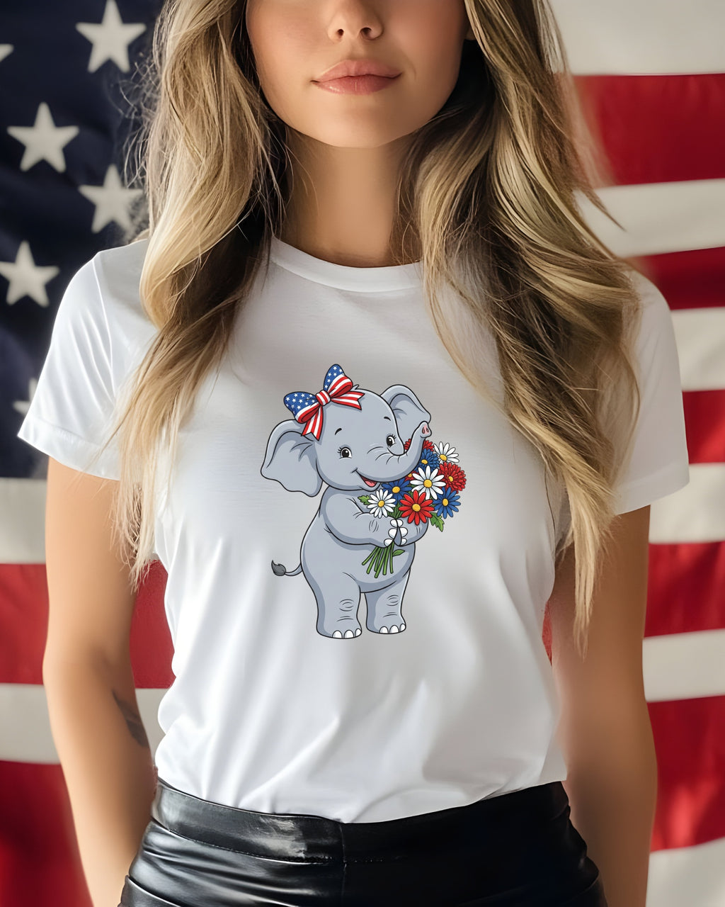 White t-shirt with a cartoon elephant holding a bouquet of flowers, with US flag in background.
