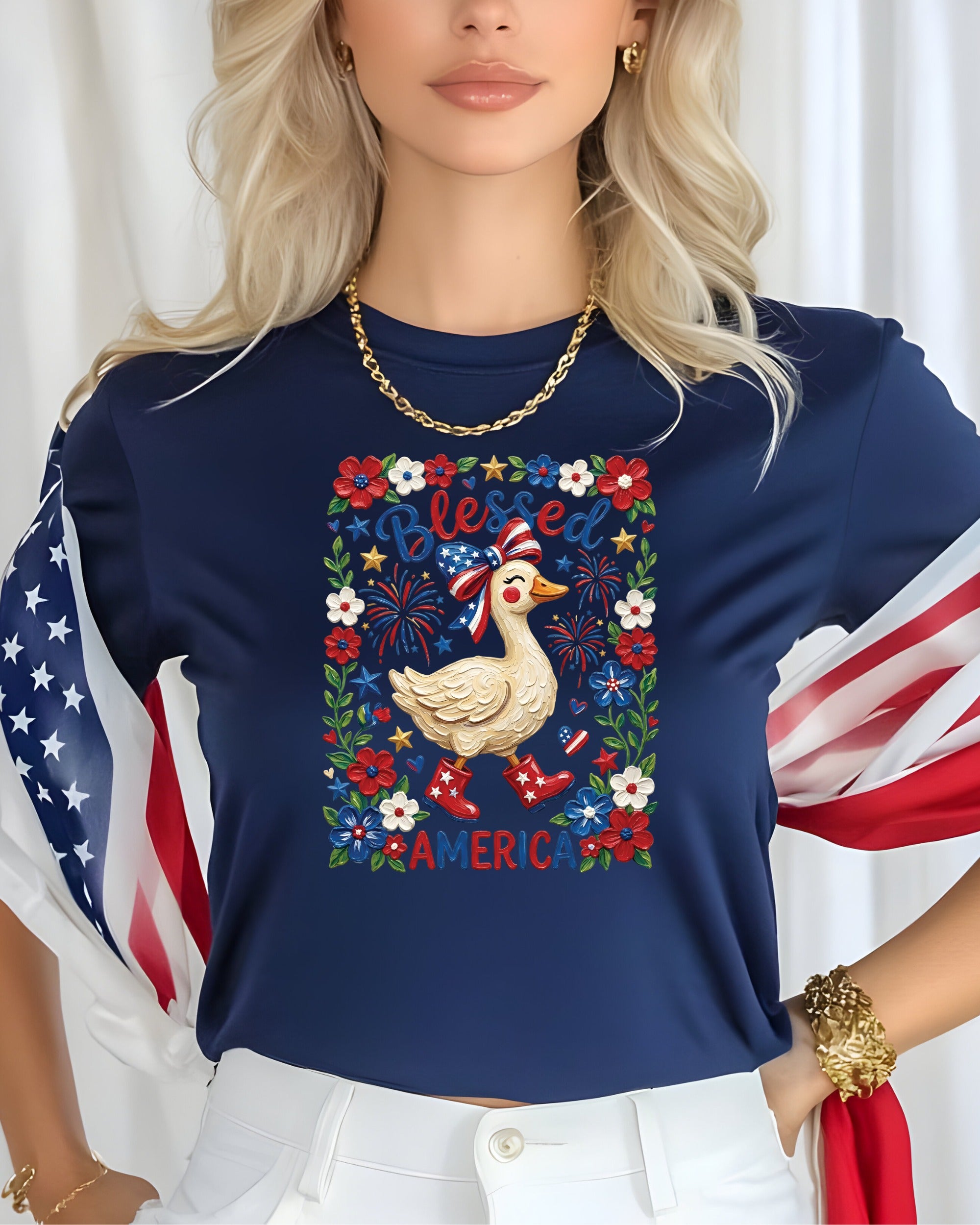 Duck in red boots and bow tie, surrounded by patriotic flowers, stars, and fireworks.
