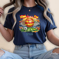 T-shirt with Spain soccer stadium, flag, and ball graphic.