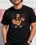 Duck wearing heart sunglasses and holding hot dog and US flag.