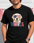 Golden retriever wearing sunglasses and "MERICA" text on a black t-shirt.