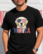 Golden retriever wearing sunglasses and "MERICA" text on a black t-shirt.