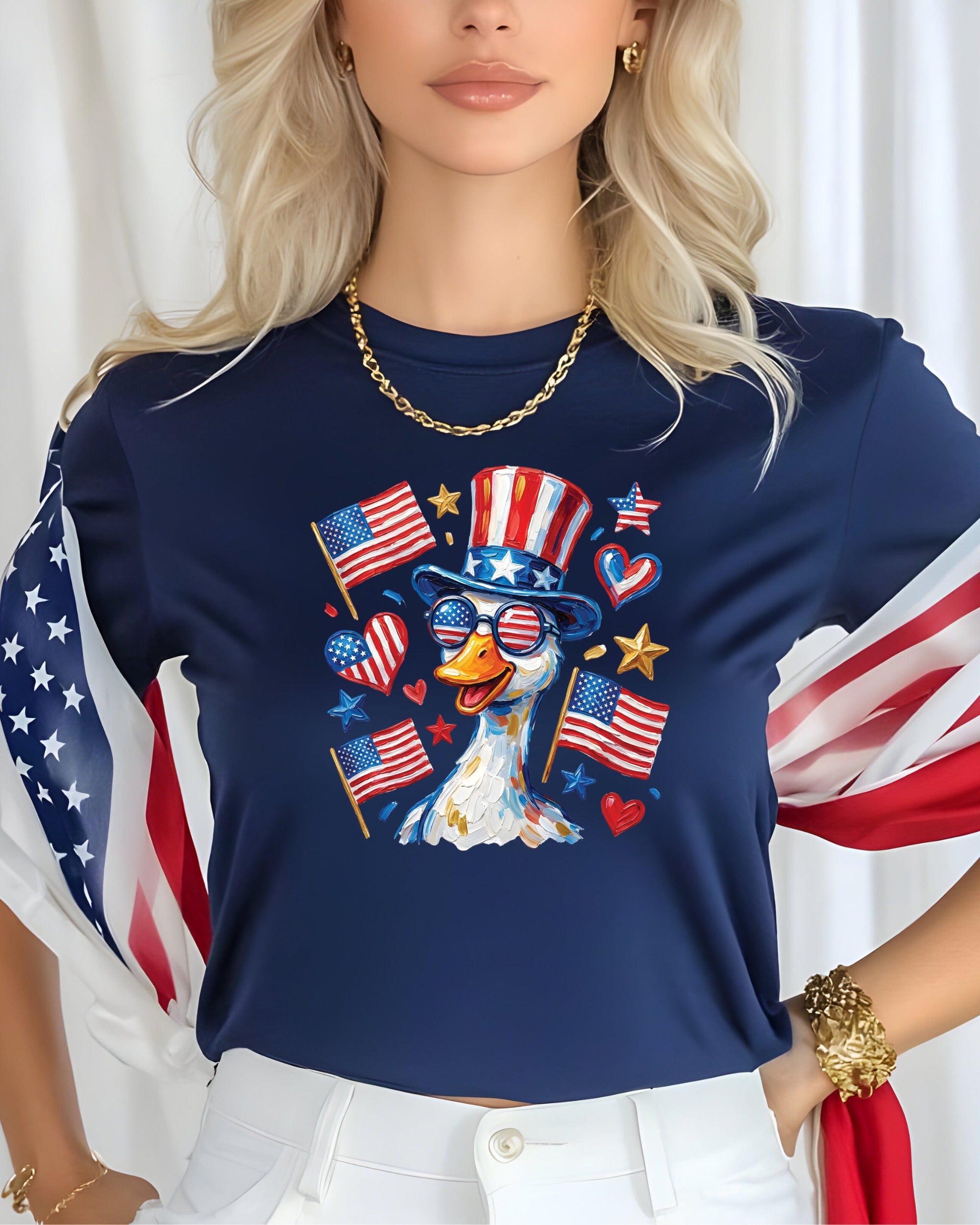 Goose wearing sunglasses and Uncle Sam hat, surrounded by American flags and stars.