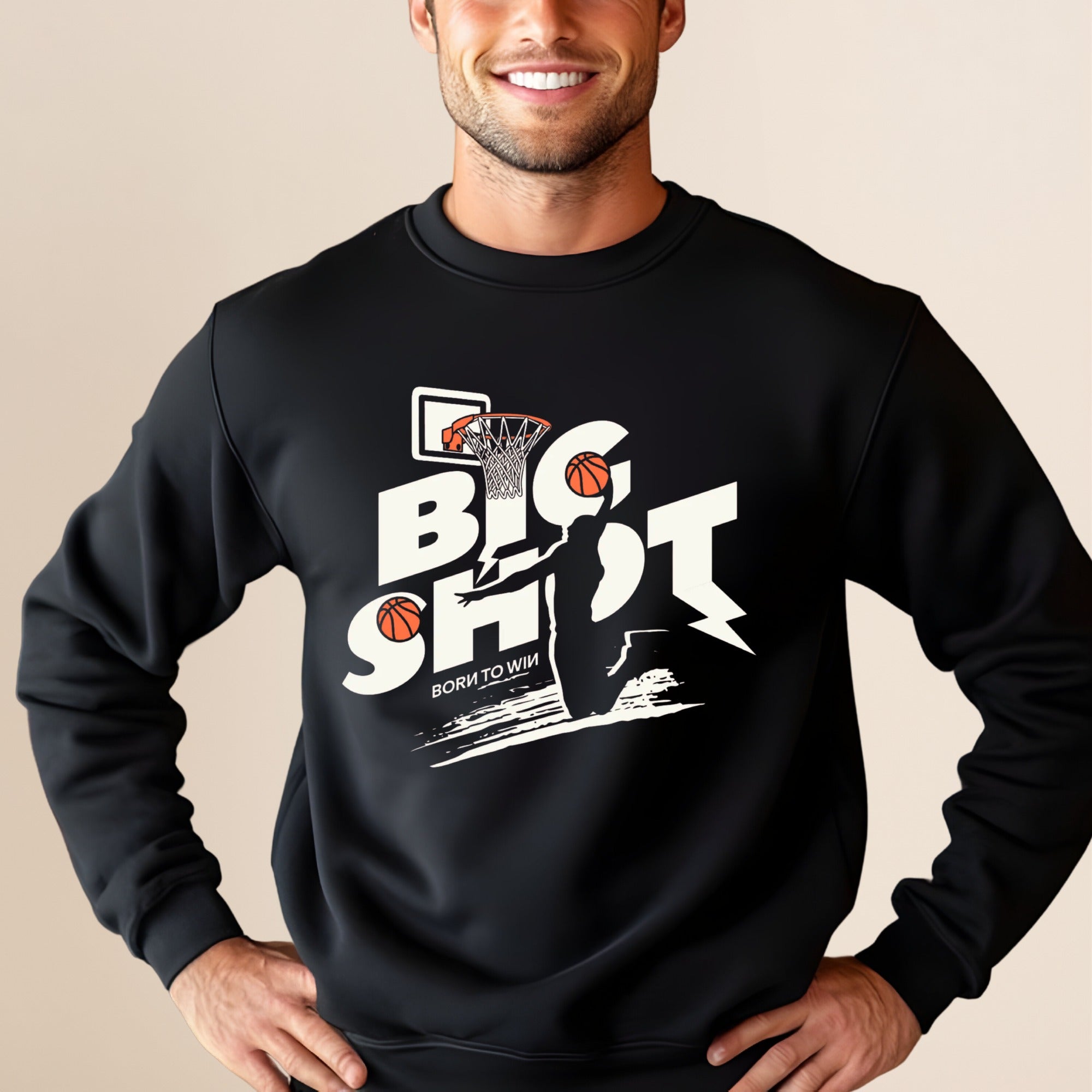 Black sweatshirt with "BIG SHOT BORN TO WIN" basketball graphic.