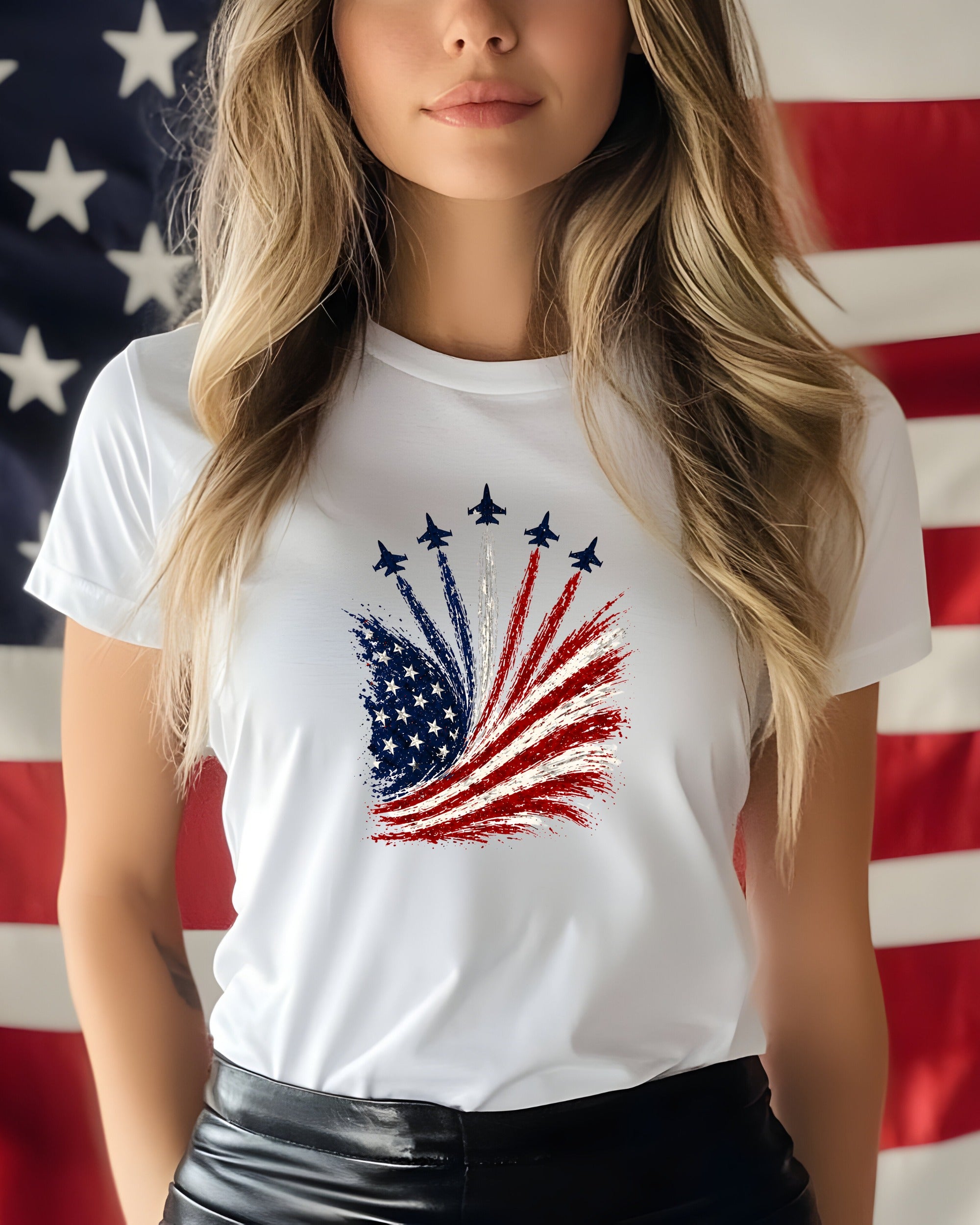 White t-shirt with distressed American flag and jets graphic.