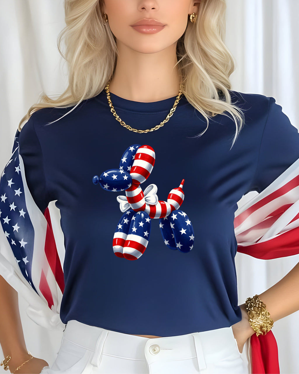Dog-shaped balloon with American flag pattern on a navy blue t-shirt.