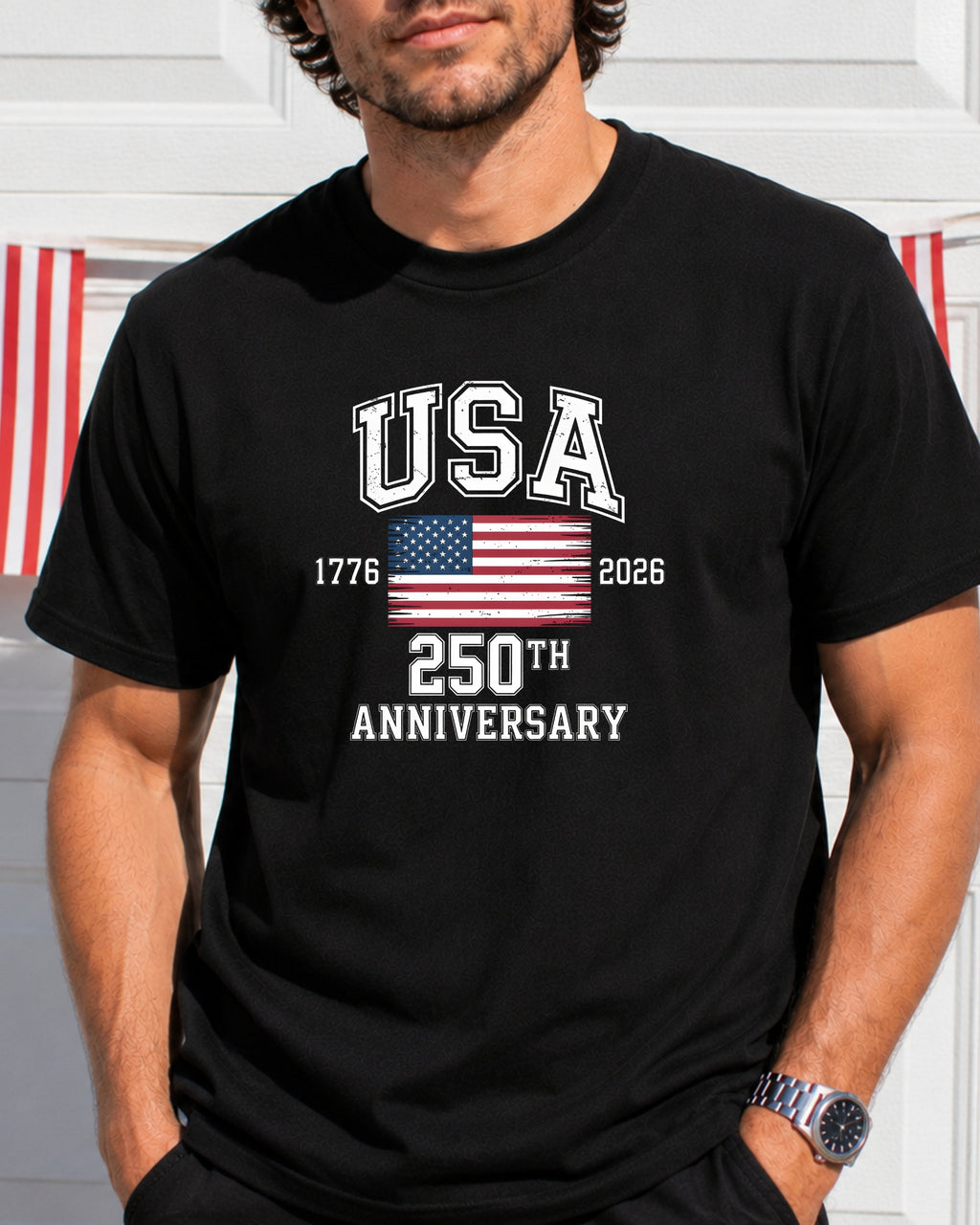 Black t-shirt with "USA 1776 2026 250TH ANNIVERSARY" and American flag graphic.