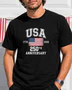 Black t-shirt with "USA 1776 2026 250TH ANNIVERSARY" and American flag graphic.
