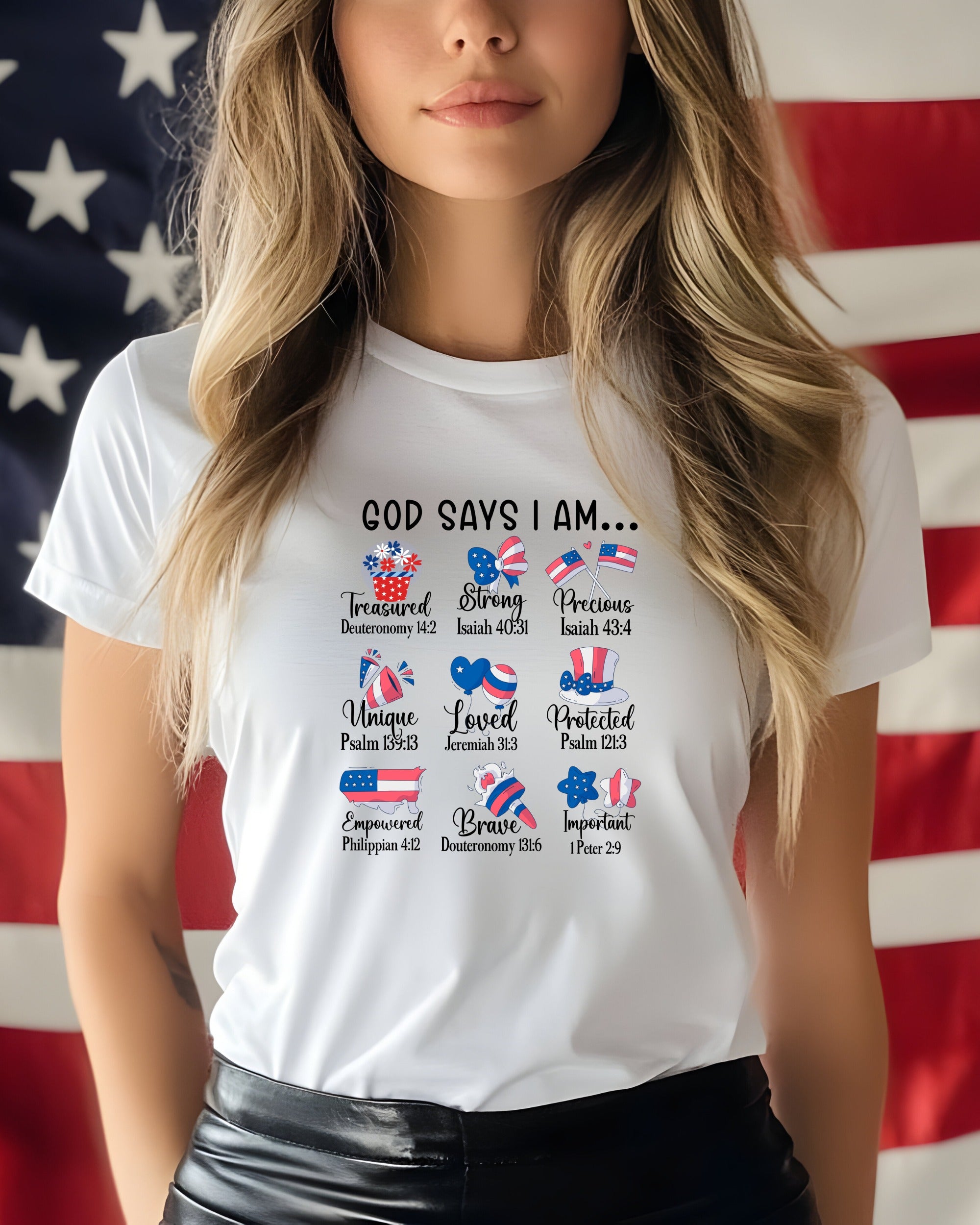 Woman wearing t-shirt with "God Says I Am" text and Bible verses.