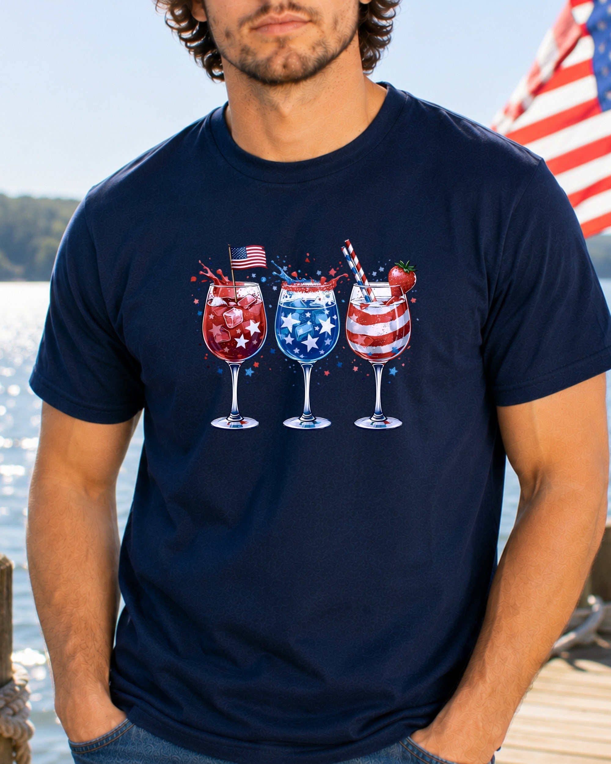 Three patriotic cocktails with American flags and strawberries.