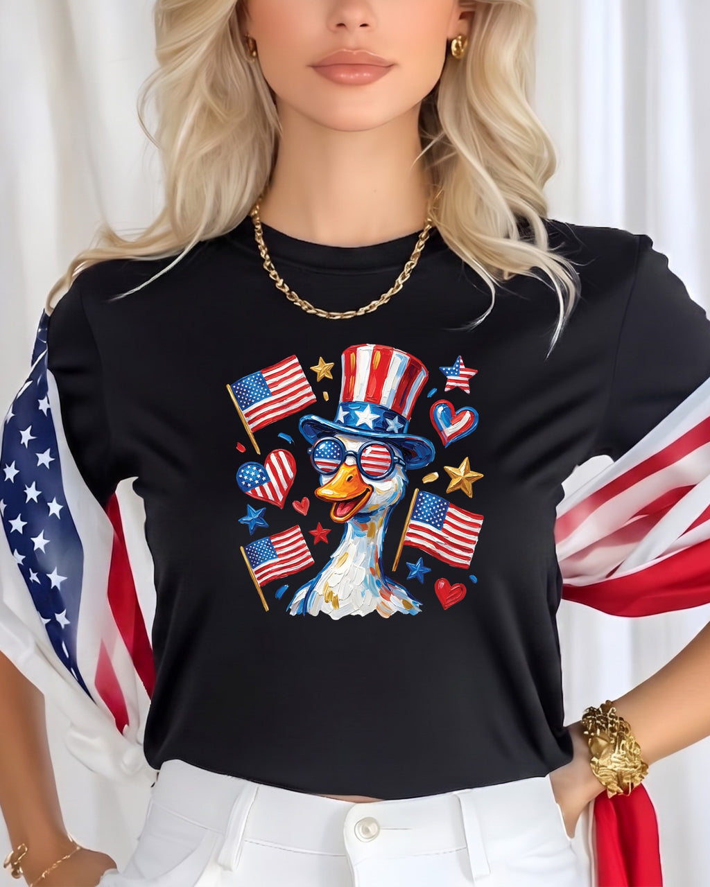 Goose wearing patriotic hat and sunglasses, surrounded by American flags and stars.