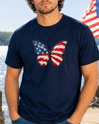 Navy t-shirt with American flag butterfly embroidery.