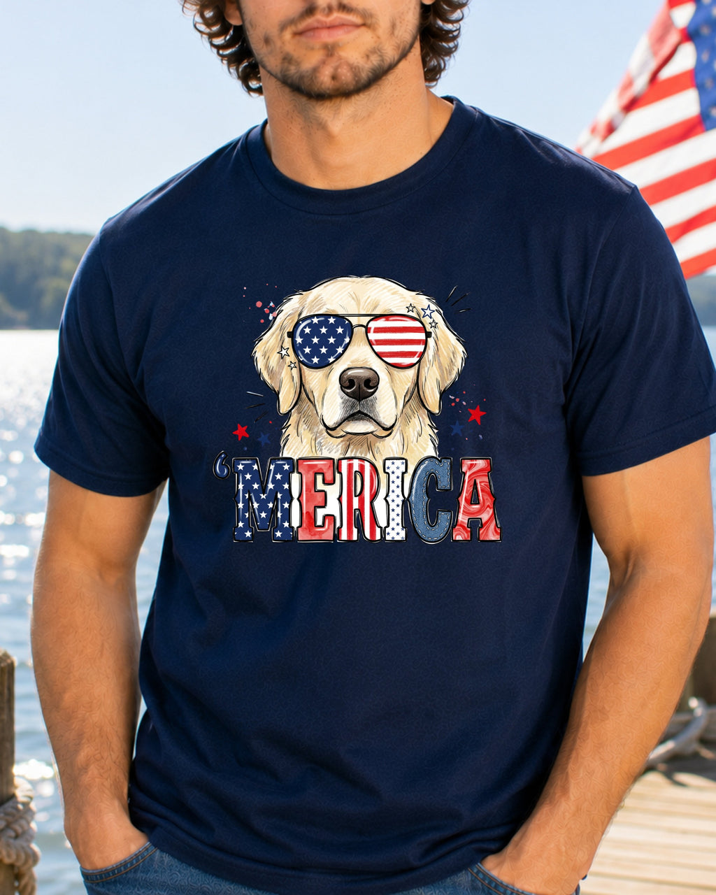 Golden retriever wearing sunglasses with "Merica" text on t-shirt.