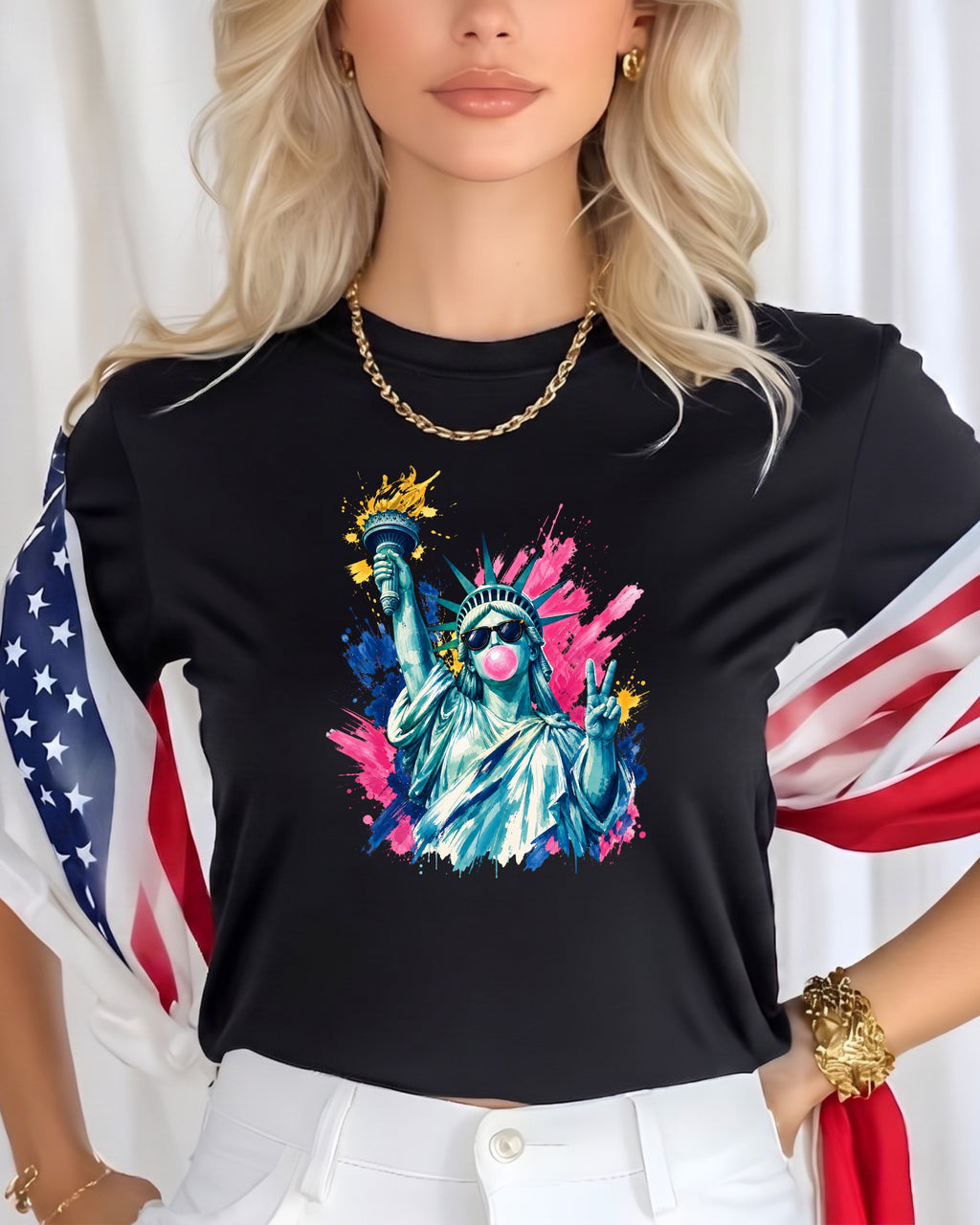 Statue of Liberty with colorful paint splatters, wearing a necklace and holding a torch.