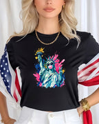 Statue of Liberty with colorful paint splatters, wearing a necklace and holding a torch.