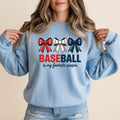 Light blue sweatshirt with "BASEBALL is my favorite season" text and baseball ribbon graphic.