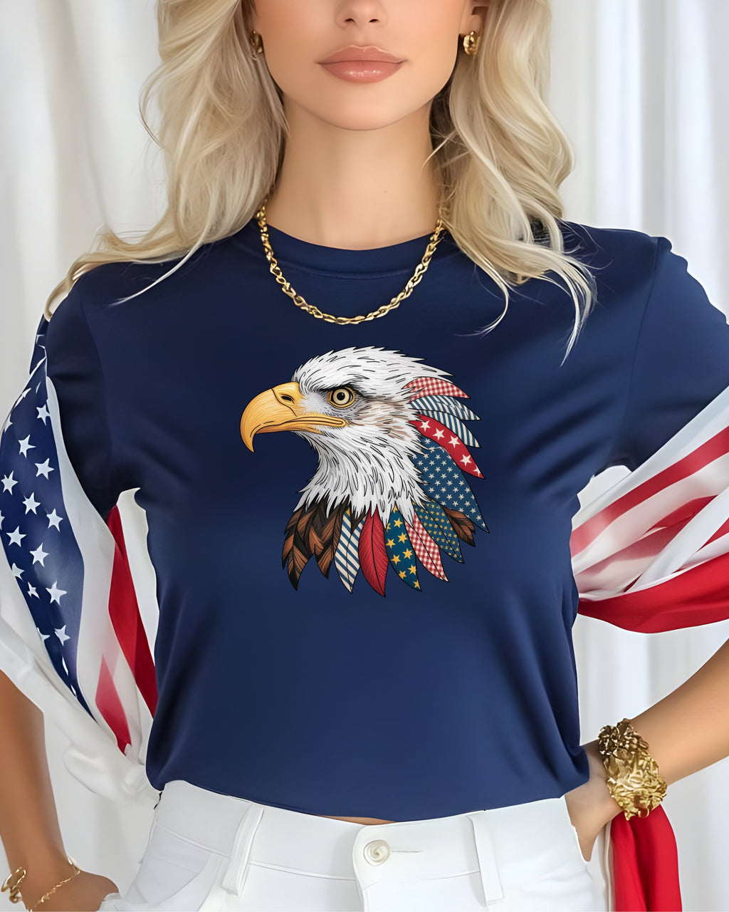 Navy t-shirt with eagle graphic featuring American flag feather details.