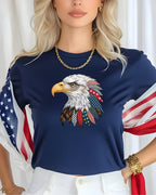 Navy t-shirt with eagle graphic featuring American flag feather details.