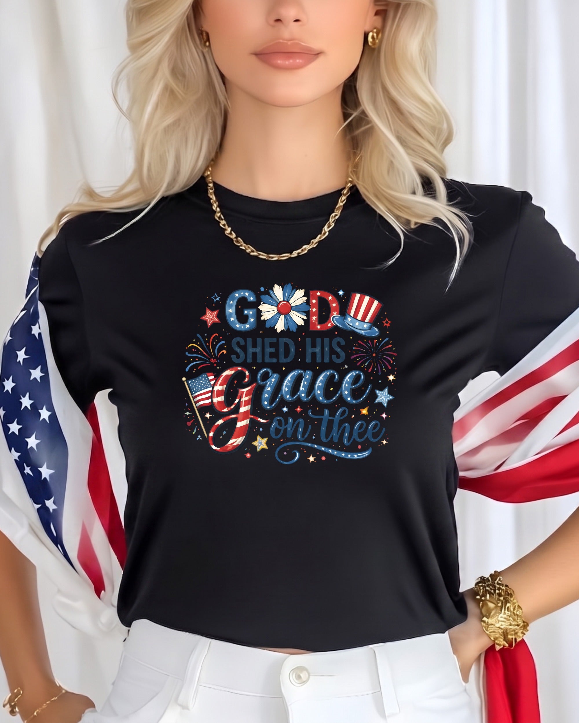 Black t-shirt with "God Shed His Grace on Thee" patriotic graphic.